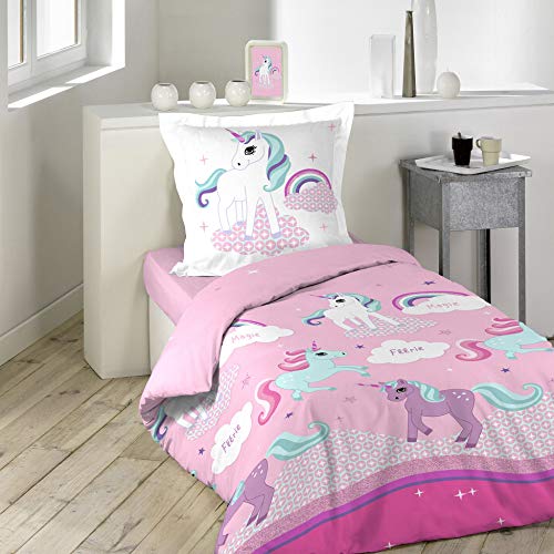 Douceur d'Intérieur Juego con Funda de Almohada (algodón, 140 x 200 cm), Multicolor, diseño de Unicornio