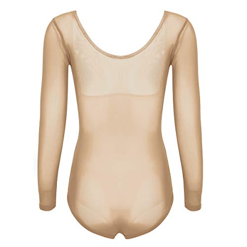 dPois Leotardo Manga Larga de Malla Ver a través para Mujeres Ropa Interior de Danza del Vientre Body Transparente Abierto Bodysuit Corte Alto Elático Belly Dance Body Maillot Ballet Beige One Size