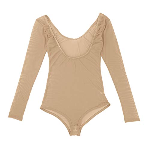 dPois Leotardo Manga Larga de Malla Ver a través para Mujeres Ropa Interior de Danza del Vientre Body Transparente Abierto Bodysuit Corte Alto Elático Belly Dance Body Maillot Ballet Beige One Size