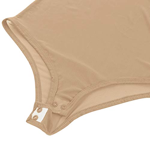 dPois Leotardo Manga Larga de Malla Ver a través para Mujeres Ropa Interior de Danza del Vientre Body Transparente Abierto Bodysuit Corte Alto Elático Belly Dance Body Maillot Ballet Beige One Size