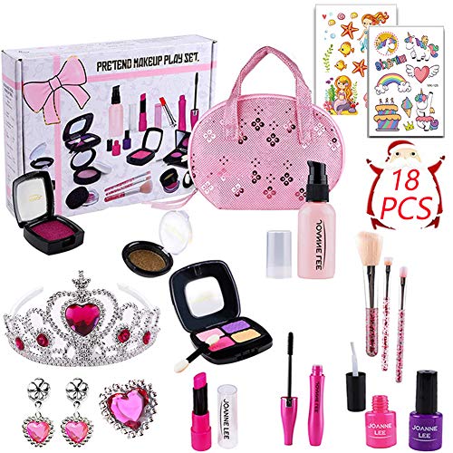 DWcouple Kit de Maquillaje Niñas, 18 PCS Set de Maquillaje con Bolso de Cosméticos,Lápiz Labial,Cepillo, Sombras de Ojos,Pegatina, Corona,Regalos de Juguete para Cumpleaños Navidad