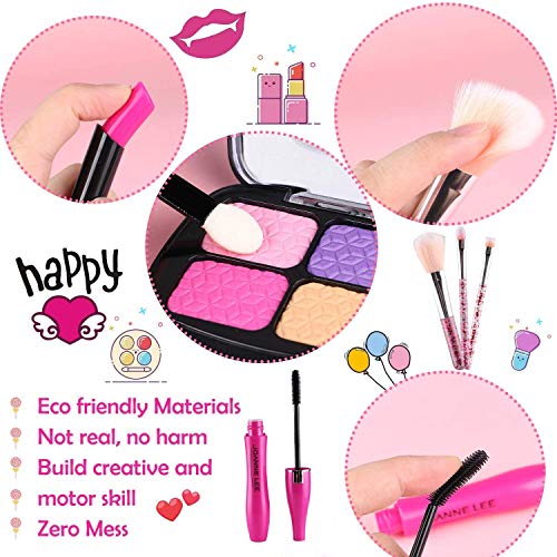 DWcouple Kit de Maquillaje Niñas, 18 PCS Set de Maquillaje con Bolso de Cosméticos,Lápiz Labial,Cepillo, Sombras de Ojos,Pegatina, Corona,Regalos de Juguete para Cumpleaños Navidad