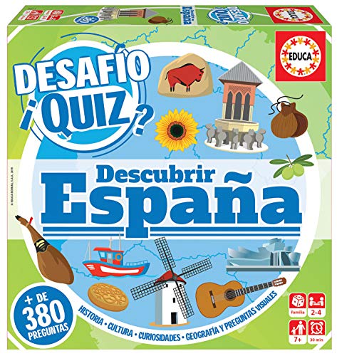 Educa Borrás Desafío Quiz Descubrir España, Juego de mesa familiar de 380 preguntas de historia, tradiciones, montañas, etc, a partir de 6 años, color variado (18217) , color/modelo surtido