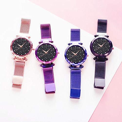 El más Nuevo Reloj Starry Sky a Prueba de Agua, Correa magnética con Hebilla, Reloj de Acero Inoxidable para Mujeres niñas (Purple)