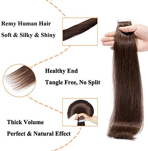 Elailite 40 Piezas Extensiones Adhesivas de Cabello Natural Pelo Remy - 30 cm #02 Marrón Oscuro [Espesor Delgado] Tape in Hair Extension Lisa - 60g (1.5g/pieza)