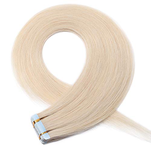 Elailite Extensiones Adhesivas Cabello Natural Pelo Remy Human Hair Humano Tape in Liso - 40 cm #70 Blanco Muy Claro [2.5g *20 Piezas] 50g