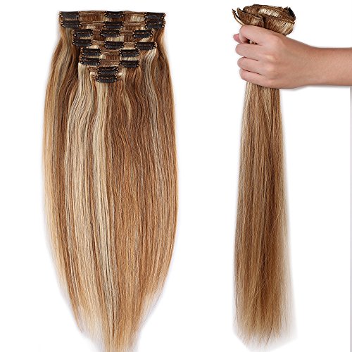 Elailite Extensiones Cabello Natural Clip Pelo Humano - 25 cm 110g #12P613 Castaño Dorado Mecha Rubio Muy Claro [Max Grueso] Double Weft 100% Remy Hair Mujer 8 Piezas