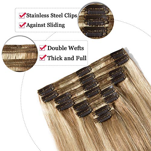 Elailite Extensiones Cabello Natural Clip Pelo Humano - 25 cm 110g #12P613 Castaño Dorado Mecha Rubio Muy Claro [Max Grueso] Double Weft 100% Remy Hair Mujer 8 Piezas