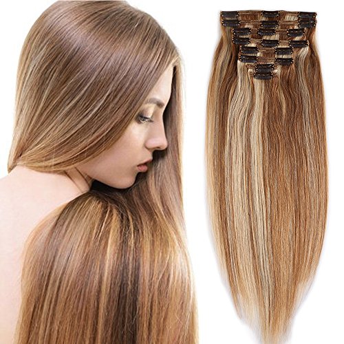 Elailite Extensiones Cabello Natural Clip Pelo Humano - 25 cm 110g #12P613 Castaño Dorado Mecha Rubio Muy Claro [Max Grueso] Double Weft 100% Remy Hair Mujer 8 Piezas