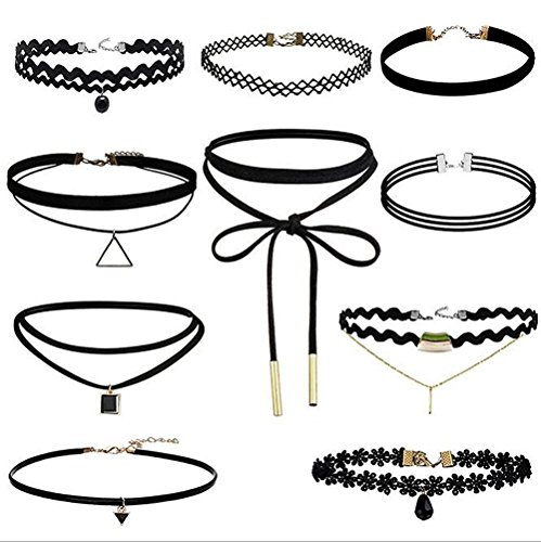 Elegant Rose 10 piezas choker collares elástico terciopelo Classic adhesivo de gótico Encaje Gargantilla Collares, Negro