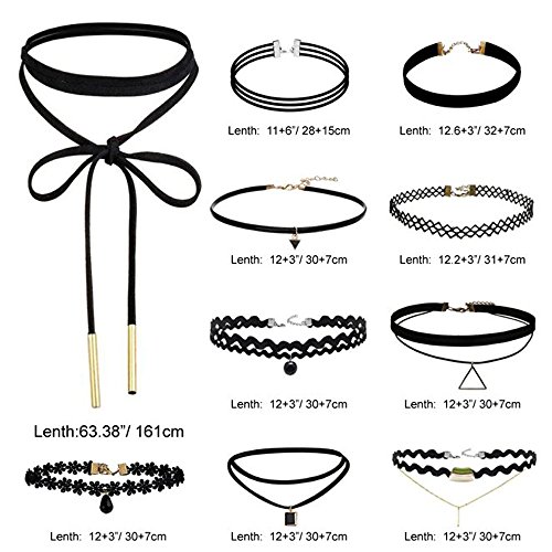 Elegant Rose 10 piezas choker collares elástico terciopelo Classic adhesivo de gótico Encaje Gargantilla Collares, Negro