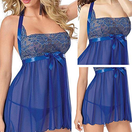 Elegant Woman Dress High Quality Fashion Cute Female Casual Lace Sleepwear e Set Exotic Plus Size-Blue_M