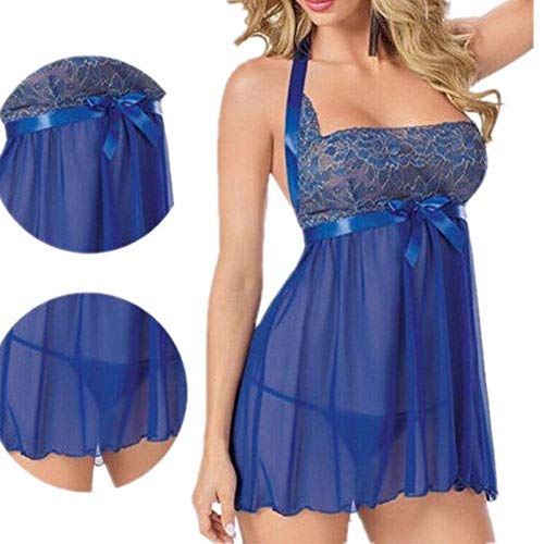 Elegant Woman Dress High Quality Fashion Cute Female Casual Lace Sleepwear e Set Exotic Plus Size-Blue_M