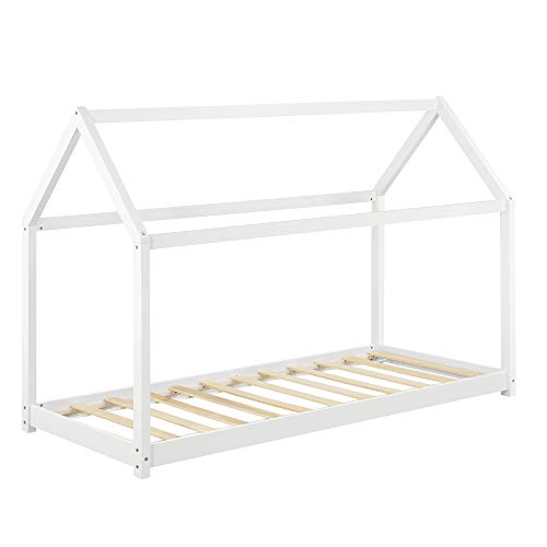 [en.casa] Cama para niños de Madera Pino 206x98x142cm Cama Infantil Forma de casa Blanco Mate