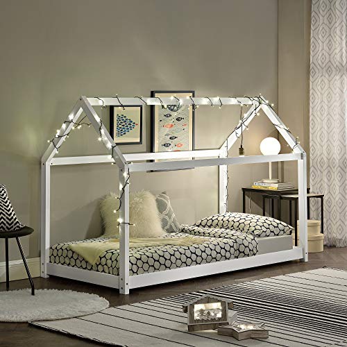 [en.casa] Cama para niños de Madera Pino 206x98x142cm Cama Infantil Forma de casa Blanco Mate