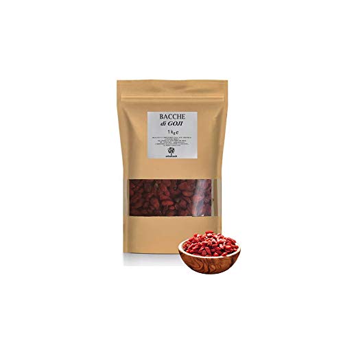 ERBOTECH Bayas de Goji 1 kg de alto contenido de vitaminas A, B1, B2, B6, C, E, frutos secos sin azúcar y azufre, superalimento rico en energía y natural, calidad premium, hecho en Italia