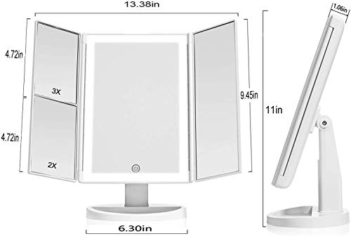 Espejo Maquillaje con Luz,HOMI Espejo de Maquillaje Tríptico con Aumento 1x, 2X, 3X,21 Luces LED Espejo Cosmético de Tocador, Adjustable 180º,Mejor Regalo (Blanco)