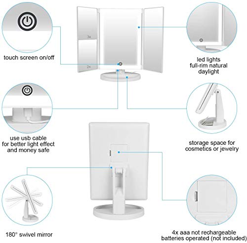 Espejo Maquillaje con Luz,HOMI Espejo de Maquillaje Tríptico con Aumento 1x, 2X, 3X,21 Luces LED Espejo Cosmético de Tocador, Adjustable 180º,Mejor Regalo (Blanco)