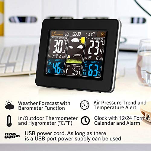 Estación meteorológica inalámbrica Reloj digital colorido del pronóstico del tiempo con sensor exterior Termómetro exterior Temperatura Humedad Barómetro Alarma Fase lunar Pantalla Reloj meteorológico