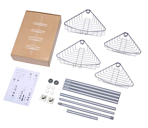 Estante de Ducha telescópica sin Necesidad de taladrar - 4 cestas - tamaño Ajustable de 76 a 280cm - Apariencia cromada - Bonus:¡2 Ganchos autoadhesivos