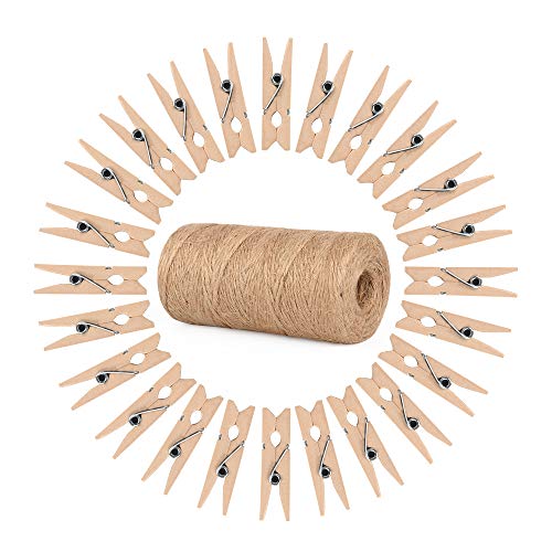 ewtshop® 100 x Mini de Pinzas de Madera + 100 Metros de Cuerda de Yute, Pinzas de la Ropa, Mini Pinzas de Madera, Grapas Adorno de Grapas, tamaño: Aprox. 2,5 cm