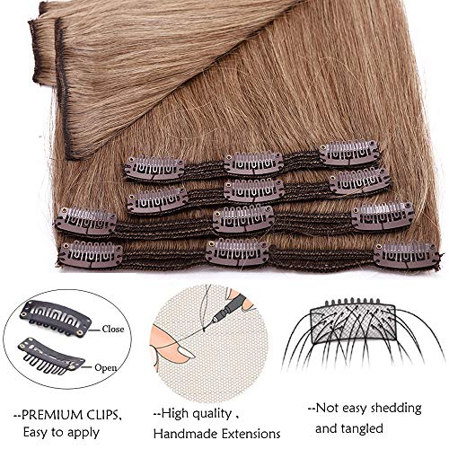 Extensiones de Cabello Natural Clip Double Weft(Muy Gruesas) Pelo Natural Humano 100% Remy 8 Piezas 18 Clips Lisas #6 Castaño Claro 20"(50cm,150g)