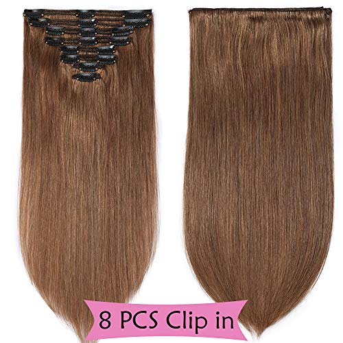 Extensiones de Cabello Natural Clip Double Weft(Muy Gruesas) Pelo Natural Humano 100% Remy 8 Piezas 18 Clips Lisas #6 Castaño Claro 20"(50cm,150g)