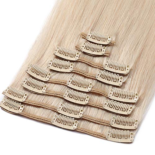 Extensiones de Cabello Natural Clip Postizos Pelo Humano Naturel Remy Balayage Clip In Human Hair Pulgadas Liso [ 8 Piezas 18 Clips ] - 16"(40CM) #70 Blanqueador Blanco