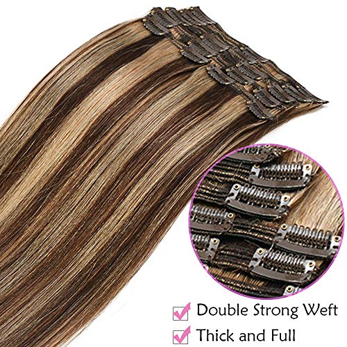 Extensiones de Clip de Pelo Natural Double Weft(Muy Gruesas) Cabello Humano 100% Remy 8 Piezas 18 Clips Lisas Cortas 14"(35cm,120g,#4/27 Castaño Medio/Rubio Oscuro)