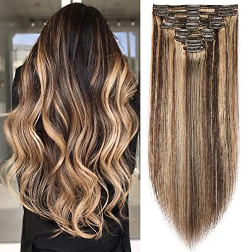 Extensiones de Clip de Pelo Natural Double Weft(Muy Gruesas) Cabello Humano 100% Remy 8 Piezas 18 Clips Lisas Cortas 14"(35cm,120g,#4/27 Castaño Medio/Rubio Oscuro)