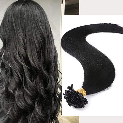 Extensiones de Pelo Humano Queratina U tip Nail tip [0.5g*100 hebras] 50g Pre Bonded Cabello Natural, 55cm, 01 Negro Oscuro