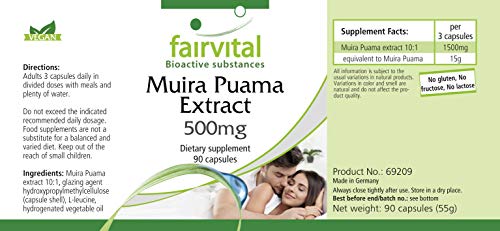 Extracto de Muira Puama 500mg - Potente Extracto 10:1 - VEGANO - Dosis elevada - 90 Cápsulas - Calidad Alemana