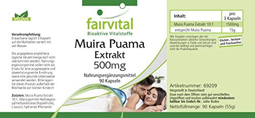 Extracto de Muira Puama 500mg - Potente Extracto 10:1 - VEGANO - Dosis elevada - 90 Cápsulas - Calidad Alemana