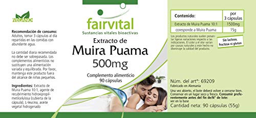 Extracto de Muira Puama 500mg - Potente Extracto 10:1 - VEGANO - Dosis elevada - 90 Cápsulas - Calidad Alemana