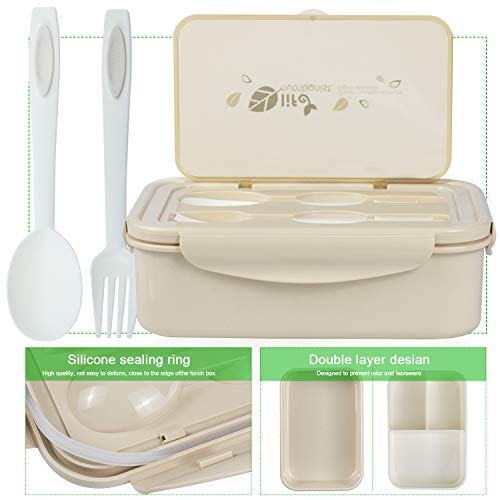 Fambrera Infantil, Lunch Box, Fiambrera con 3 Compartimientos, Cuchara Tenedor Lonchera, Bento Box Sostenible, para Microondas y Lavavajillas. (Beige)