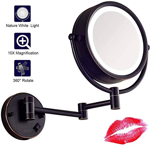 FANPING 8,6 Pulgadas de Montaje en Pared con luz Espejo de Maquillaje con un Aumento de 10x, Negro Mate LED Espejo de baño Doble Cara giratoria Desarrollado por Enchufe, de Afeitar en el Dormitorio o