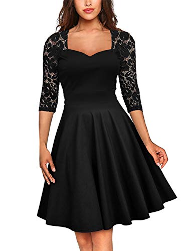 FeelinGirl Mujer Vestido de Noche Encaje Largo Traje Talla Extra Grande Cóctel de Manga Media Cuello V Cintura Alta Negro 3XL/Talla 50-52