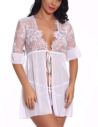 FeelinGirl Mujures Conjunto de Lencería Sexy Camisón Abierta con Lazo Ropa Erótica Encaje Blanco 44