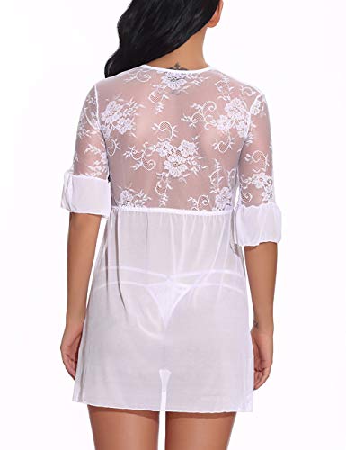 FeelinGirl Mujures Conjunto de Lencería Sexy Camisón Abierta con Lazo Ropa Erótica Encaje Blanco 44