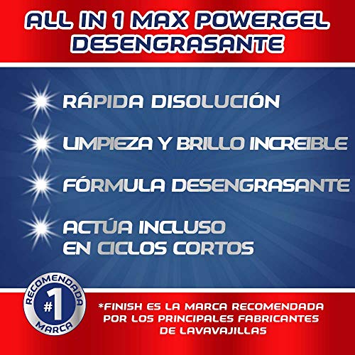 Finish All in 1 Max Power Gel Limón Desengrasante Detergente Gel para el Lavavajillas, 2 unidades - 100 lavados