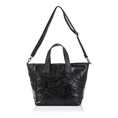 FIRENZE ARTEGIANI. Cassandra Bolso Tote Mujer.Piel auténtica Gamuza Grabado Arabesco .Made in Italy. Vera Pelle Italiana.32x14x23 cm. Color: Negro