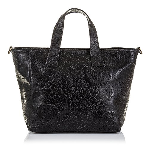 FIRENZE ARTEGIANI. Cassandra Bolso Tote Mujer.Piel auténtica Gamuza Grabado Arabesco .Made in Italy. Vera Pelle Italiana.32x14x23 cm. Color: Negro