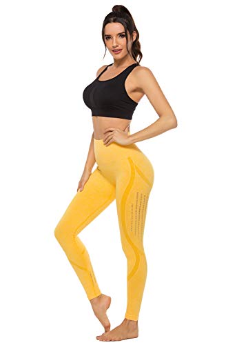 FITTOO Leggings Sin Costuras Corte de Malla Mujer Pantalon Deportivo Alta Cintura Yoga Elásticos Fitness Seamless Amarillo-4 Medium