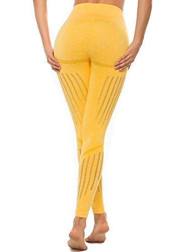 FITTOO Leggings Sin Costuras Corte de Malla Mujer Pantalon Deportivo Alta Cintura Yoga Elásticos Fitness Seamless Amarillo-4 Medium