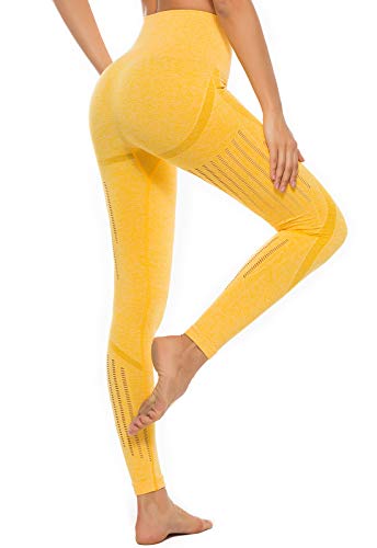 FITTOO Leggings Sin Costuras Corte de Malla Mujer Pantalon Deportivo Alta Cintura Yoga Elásticos Fitness Seamless Amarillo-4 Medium