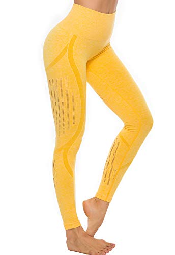 FITTOO Leggings Sin Costuras Corte de Malla Mujer Pantalon Deportivo Alta Cintura Yoga Elásticos Fitness Seamless Amarillo-4 Medium