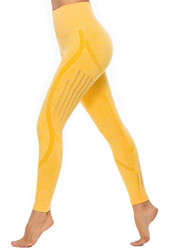 FITTOO Leggings Sin Costuras Corte de Malla Mujer Pantalon Deportivo Alta Cintura Yoga Elásticos Fitness Seamless Amarillo-4 Medium