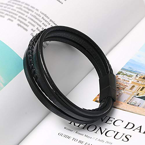 flintronic® Pulsera Hombre, Cuero Brazalete Trenzado Cruzada, Pulsera Cuero Trenzado Hombre, Acero Pulsera Trenzada con Cierre Magnética Inoxidable - Negro