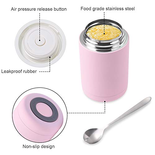 flintronic Termo para Comida, 460 ml Termo para Alimentos, Botella Aislada de Acero Inoxidable, para Adultos Niños y Bebés, con 1 Cepillo 1 Cuchara 1 Taza de Soporte - Rosa