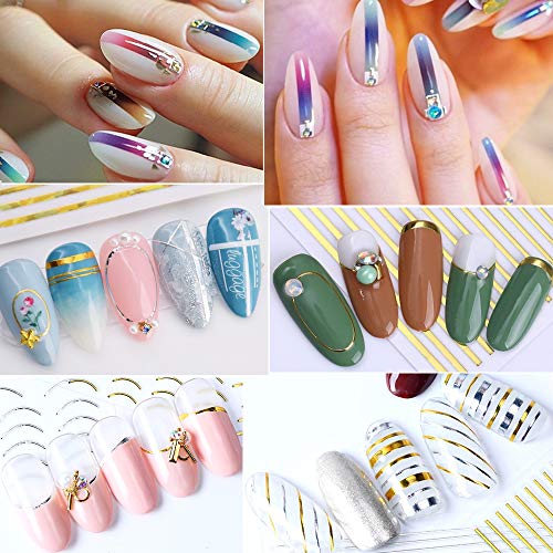 FLOFIA 10 Hojas Pegatinas Uñas 3d Cinta Adhesiva Uñas de Línea Nail Striping Tape Dorado Plateado Nail Stickers Stripe Line Curva 10 Estilos para Decoración Uñas Accesorios DIY Diseño Arte de Uñas